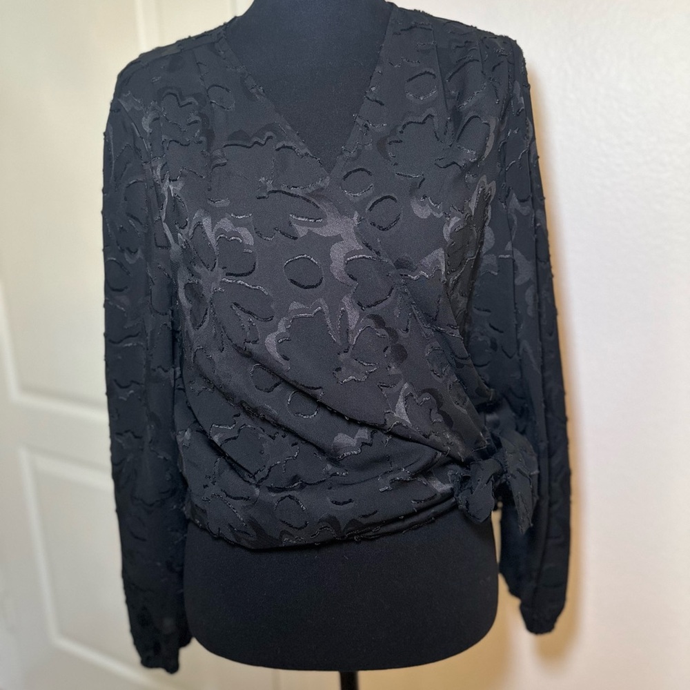 Madewell Black Floral Jacquard Wrap Blouse